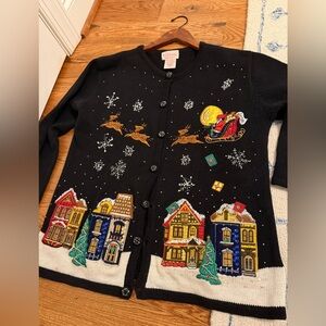 Basic Editions Holiday Womens Medium Christmas Town Black Vintage Sweater